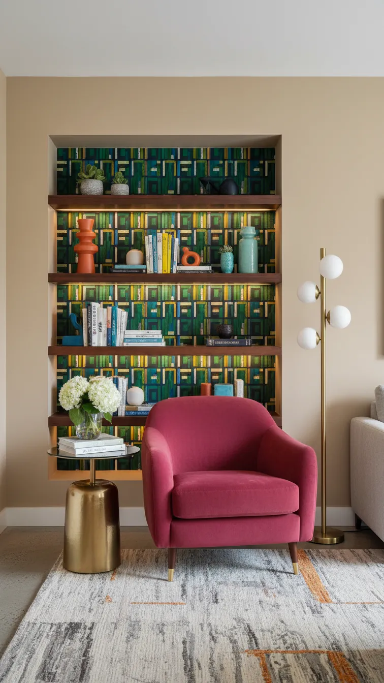 Living room alcove with bold patterned wallpaper, open shelving, books, and decor contrasting with neutral surrounding walls.