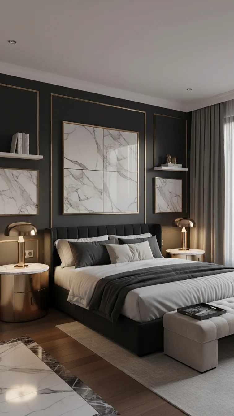 Luxury bedroom with a black accent wall, marble-topped nightstands, framed marble art, and elegant marble accents.