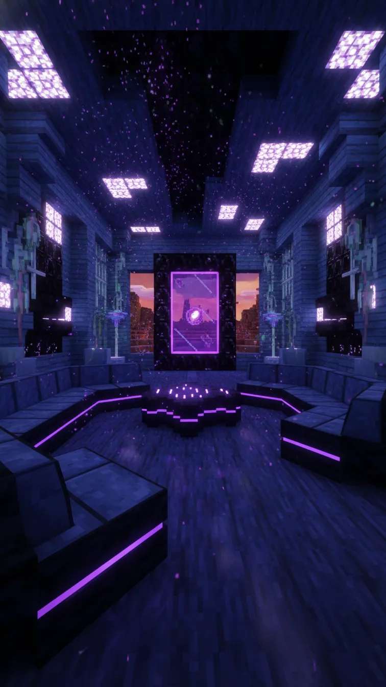 Alien-style Minecraft room built with warped blue wood, glowing shroomlights, and polished blackstone flooring.