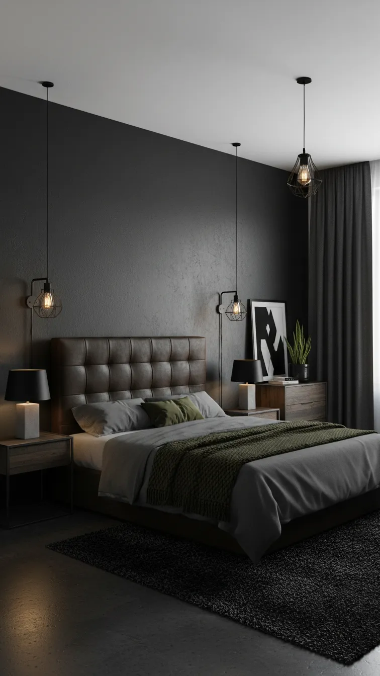 Masculine bedroom featuring a black accent wall, dark brown leather headboard, industrial lighting, and minimalist furniture.
