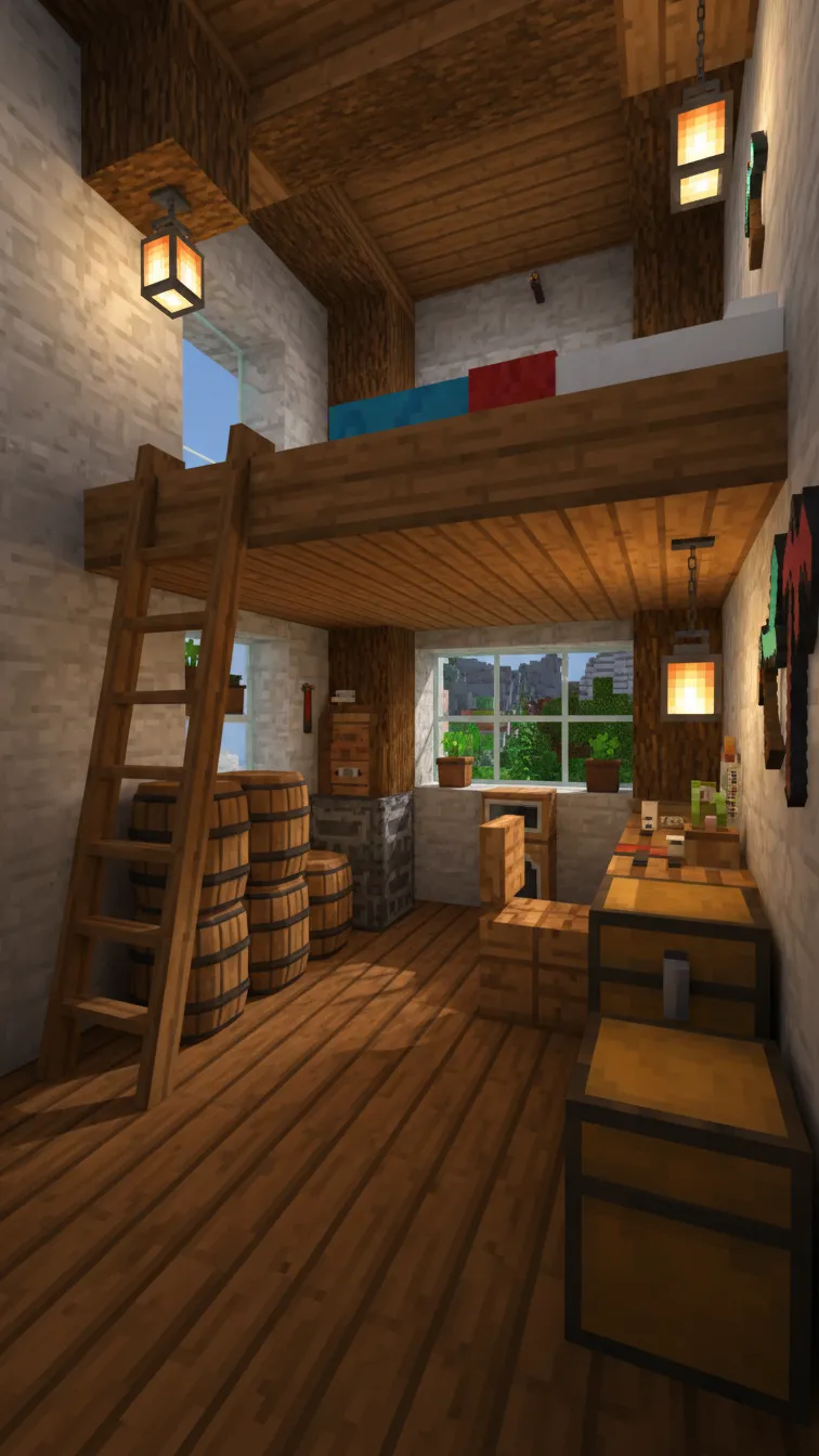 Compact Minecraft studio with a ladder leading to a mezzanine bed, storage barrels, and chests tucked underneath