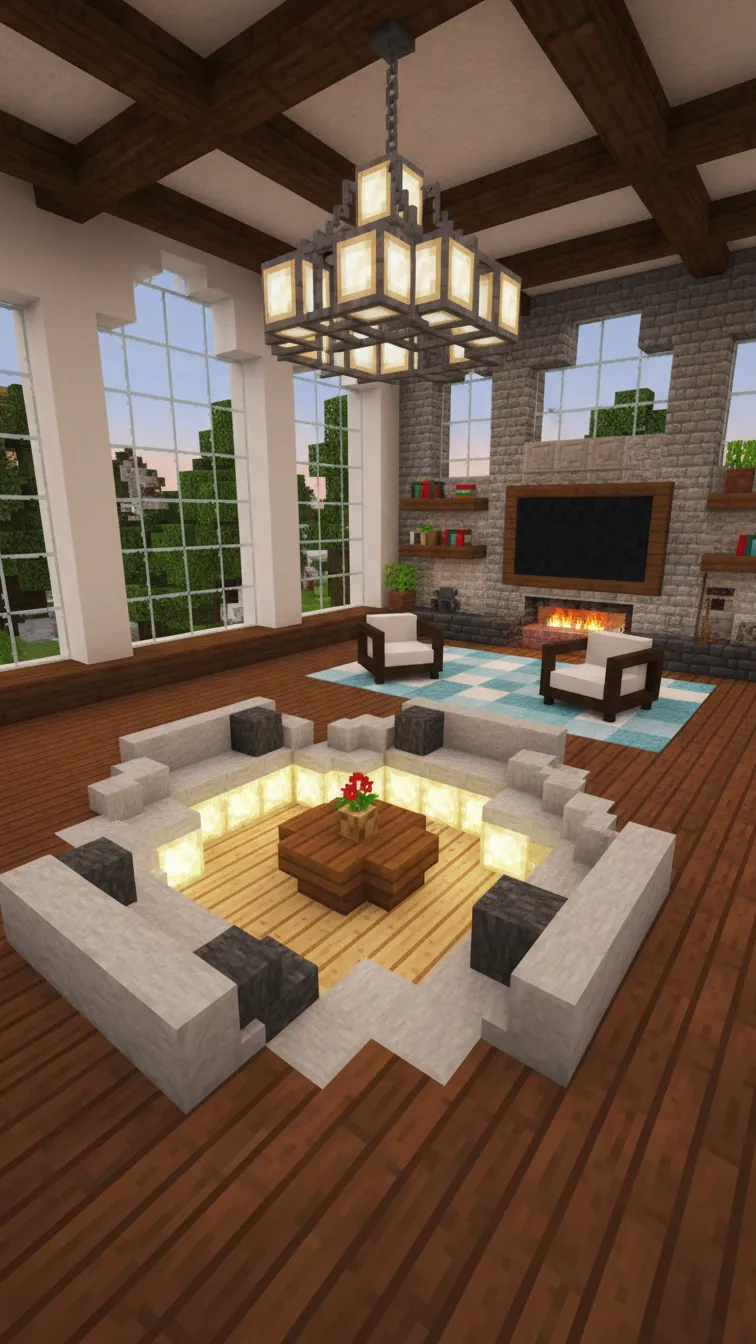 Stylish Minecraft living room with a circular sunken seating area lined with gray wool and soft ambient lighting.
