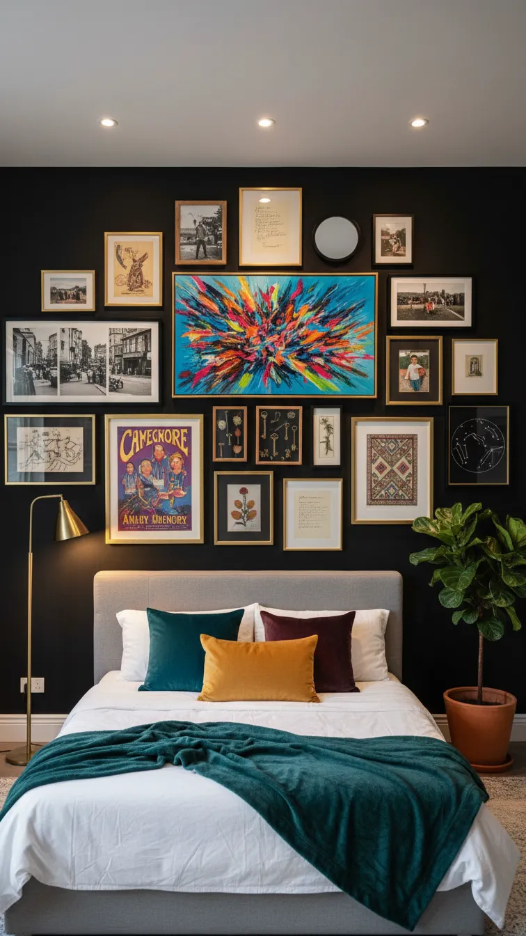 Bedroom gallery wall displayed on a black accent wall with colorful art, black-and-white photos, and personal decor.