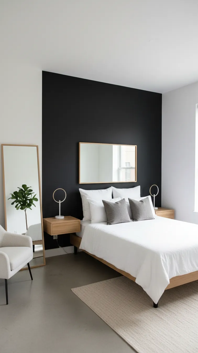 Small bedroom with a black accent wall behind the bed, white walls, a large mirror, and minimalist furniture to enhance space.
