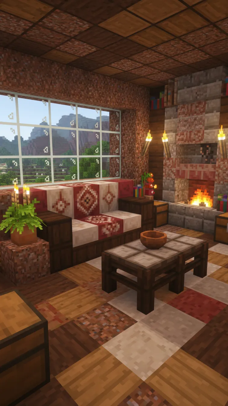 Detailed Minecraft living room with a banner-and-stair sofa, pressure plate coffee table, and a potted fern.