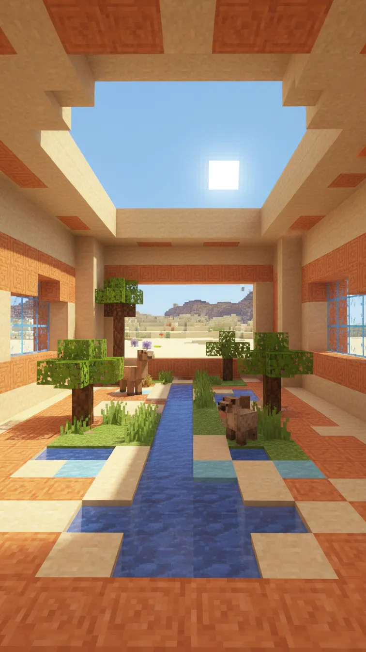 Bright Minecraft room made of smooth sandstone and orange terracotta with a narrow water stream running through the center.