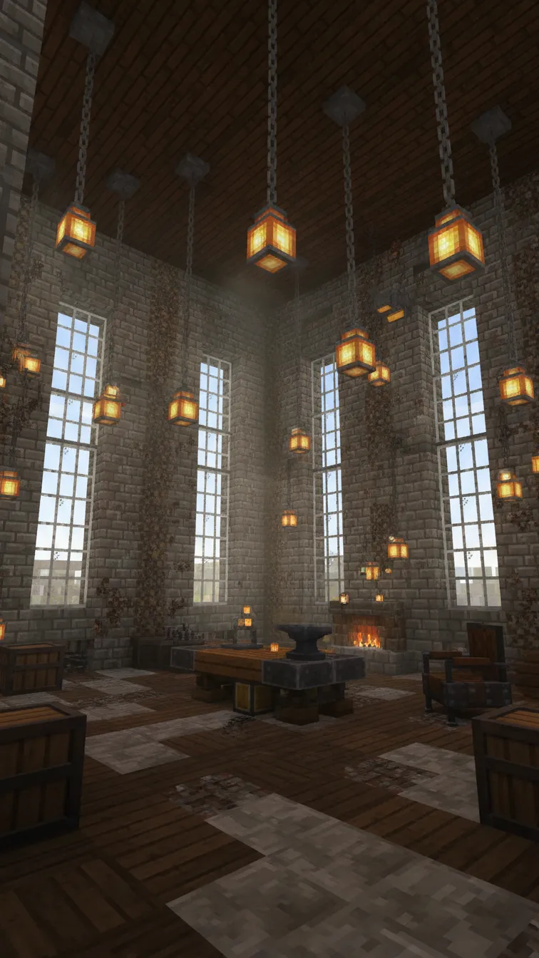 Rugged Minecraft interior with stone brick walls, iron bar windows, and lanterns hanging from long chains.
