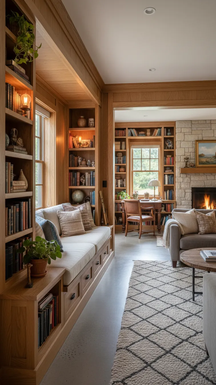 Cozy living room with a built-in wooden nook featuring seating and shelves dividing the space from a small study area.