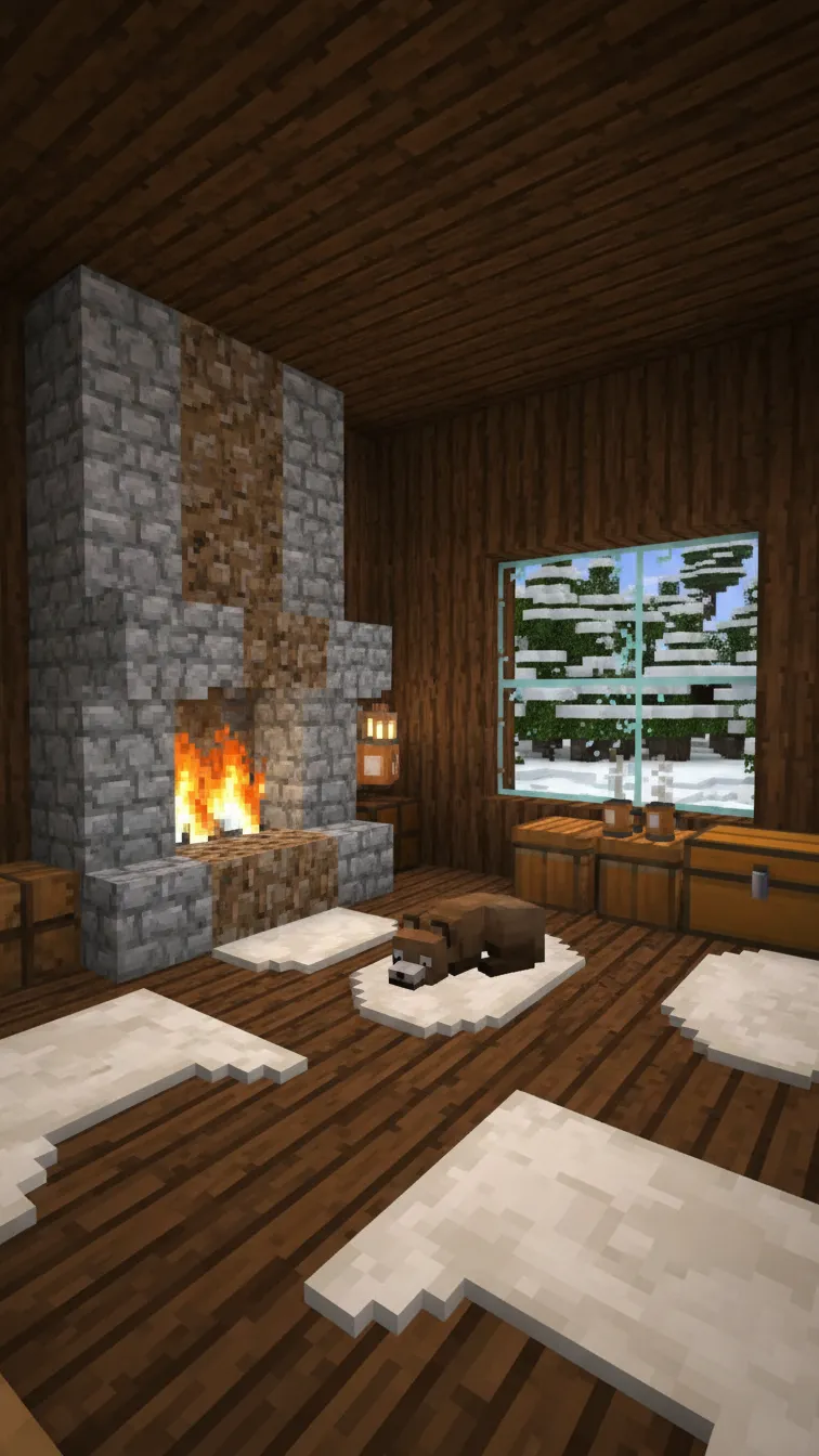 Warm Minecraft cabin interior with thick spruce log walls, a large stone fireplace, and white carpet fur-style rugs.