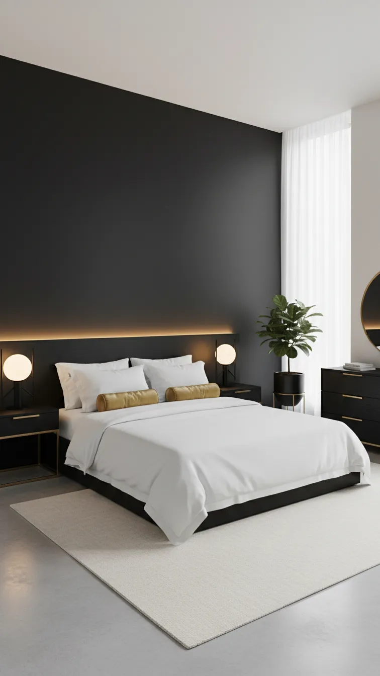 Modern minimalist bedroom with a matte black accent wall, crisp white bedding, and subtle gold accents creating a sleek, sophisticated look.
