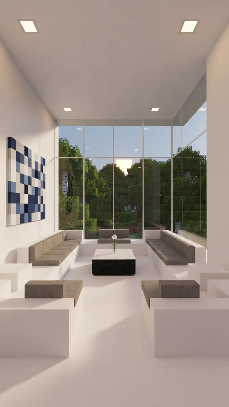 High-end Minecraft living room with white concrete walls, floor-to-ceiling glass windows facing a forest, and sleek quartz stair sofas.
