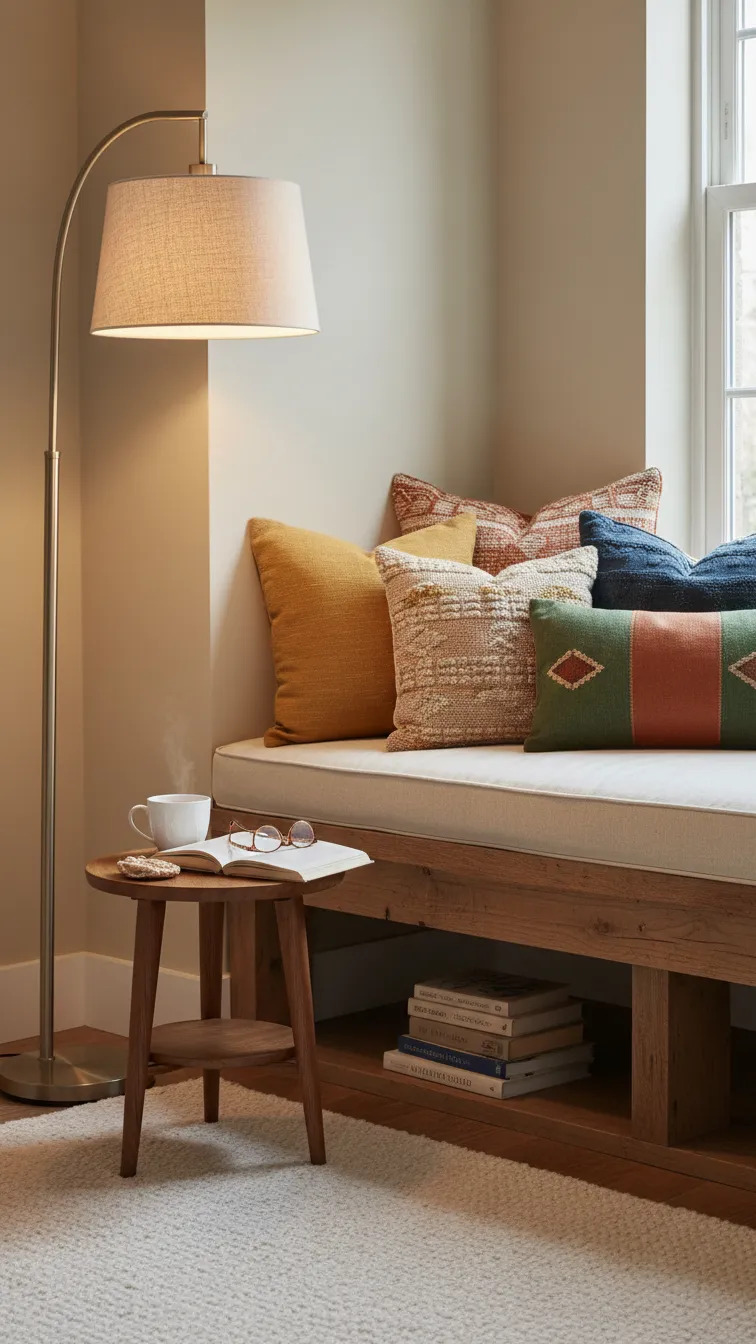Cozy alcove reading nook with a built-in bench, cushioned seat, colorful throw pillows, a floor lamp, and a small side table.