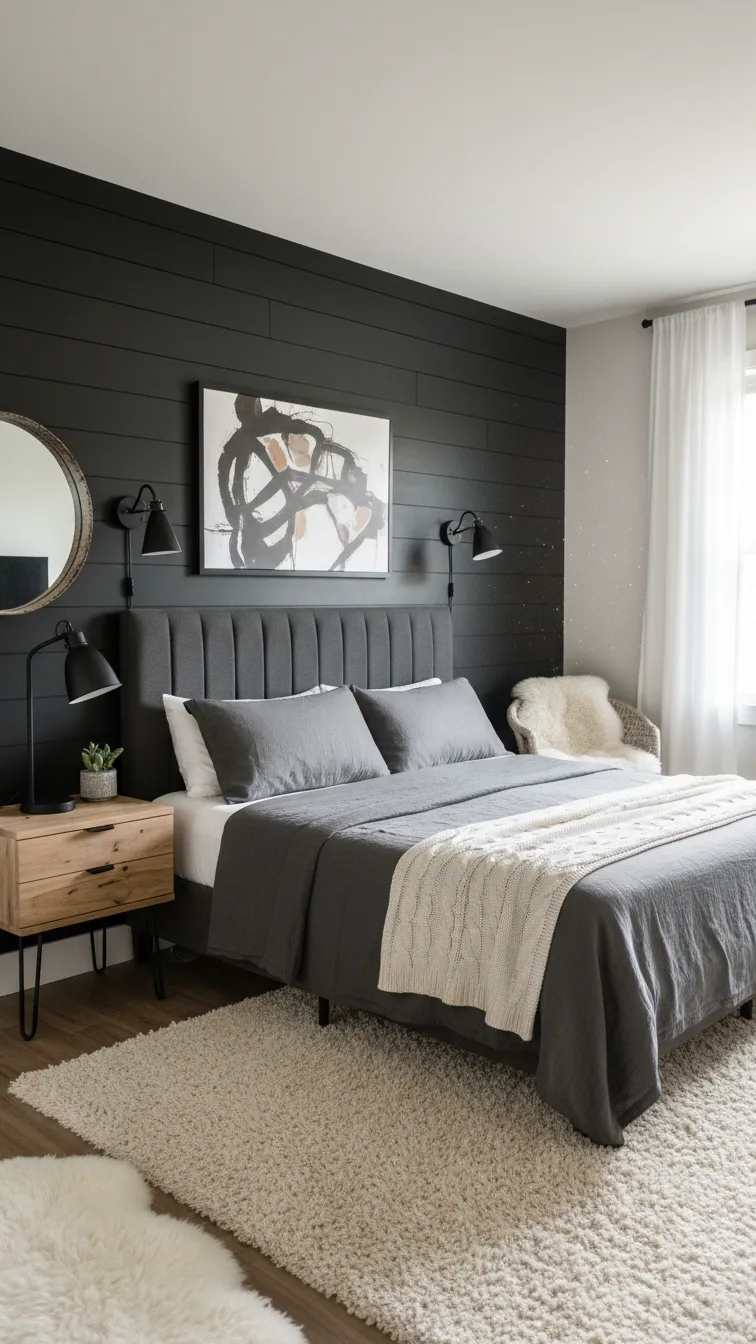 Bedroom with a black shiplap accent wall styled with farmhouse-modern decor, a natural wood bedside table, and a cozy throw blanket.