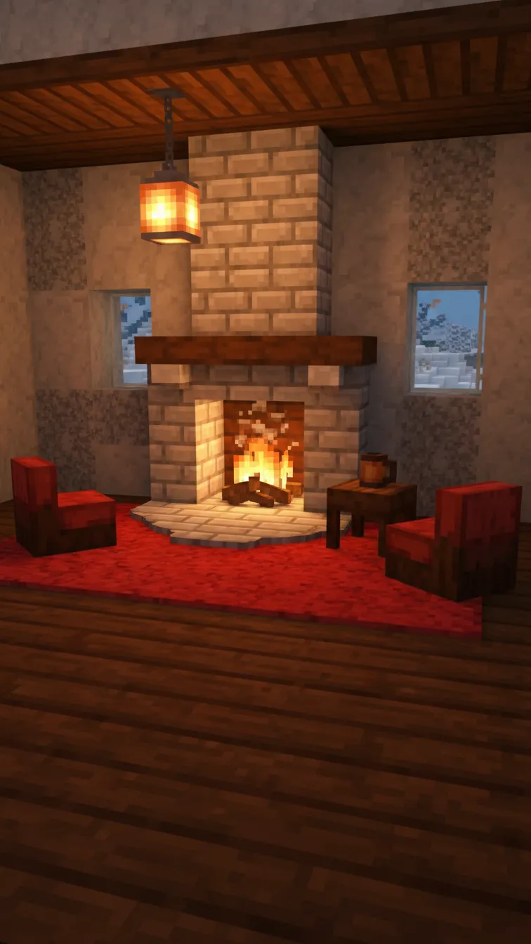 Cozy Minecraft living room with a stone brick fireplace, lit campfire, dark oak plank flooring, and a red wool rug.