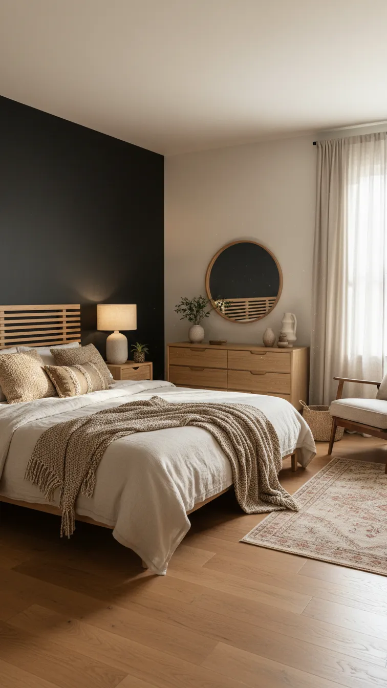 Warm bedroom featuring a black accent wall, light wood headboard, and matching wooden furniture for an earthy, balanced feel.