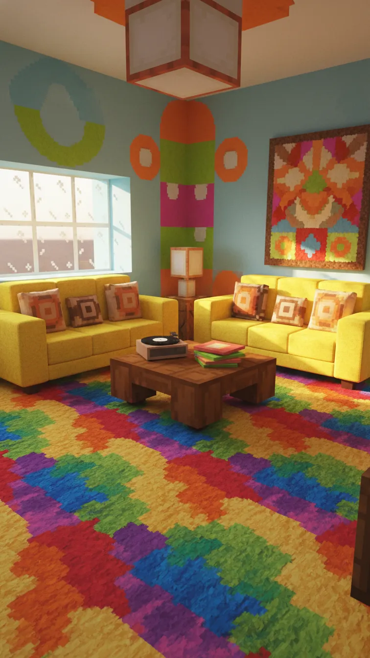 Vibrant Minecraft room with a multicolored wool carpet, yellow wool sofas, and bright blue wall accents in a retro style.