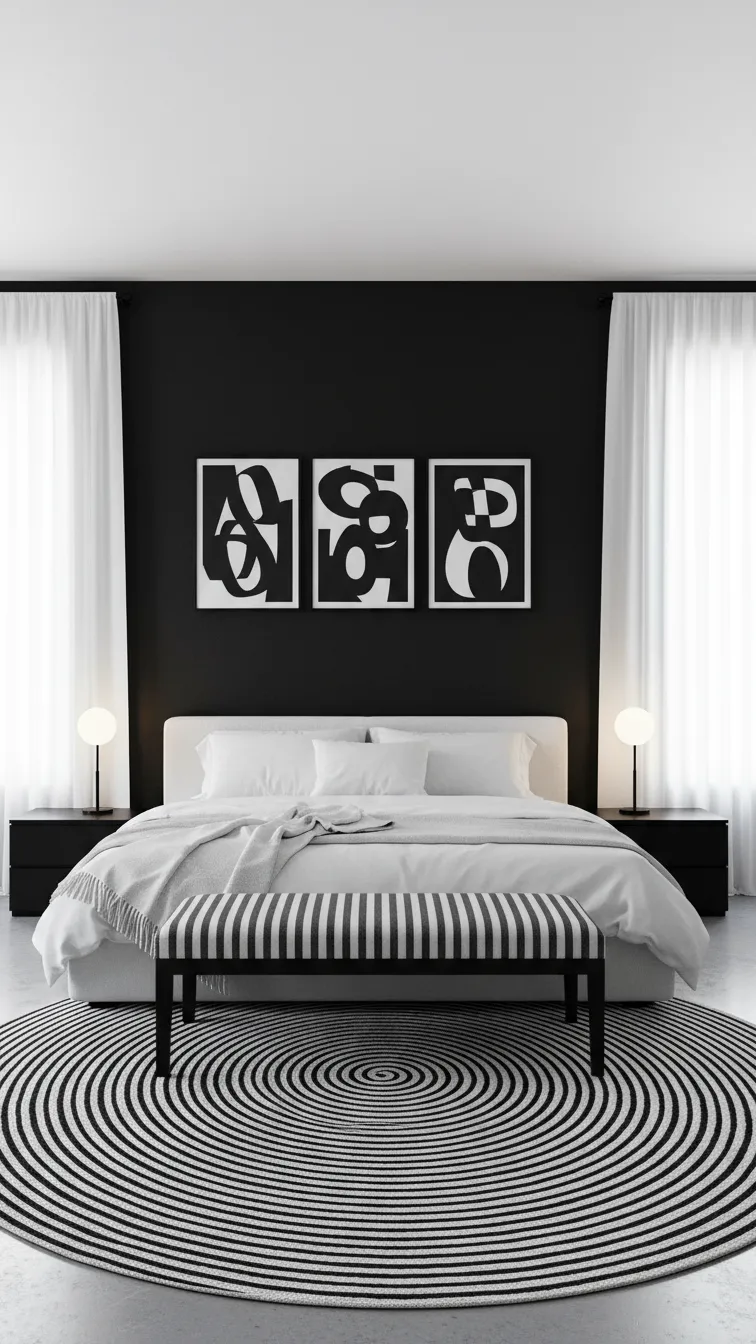 High-contrast bedroom with a bold black accent wall, white bedding, white curtains, and black-and-white wall art in a modern style.