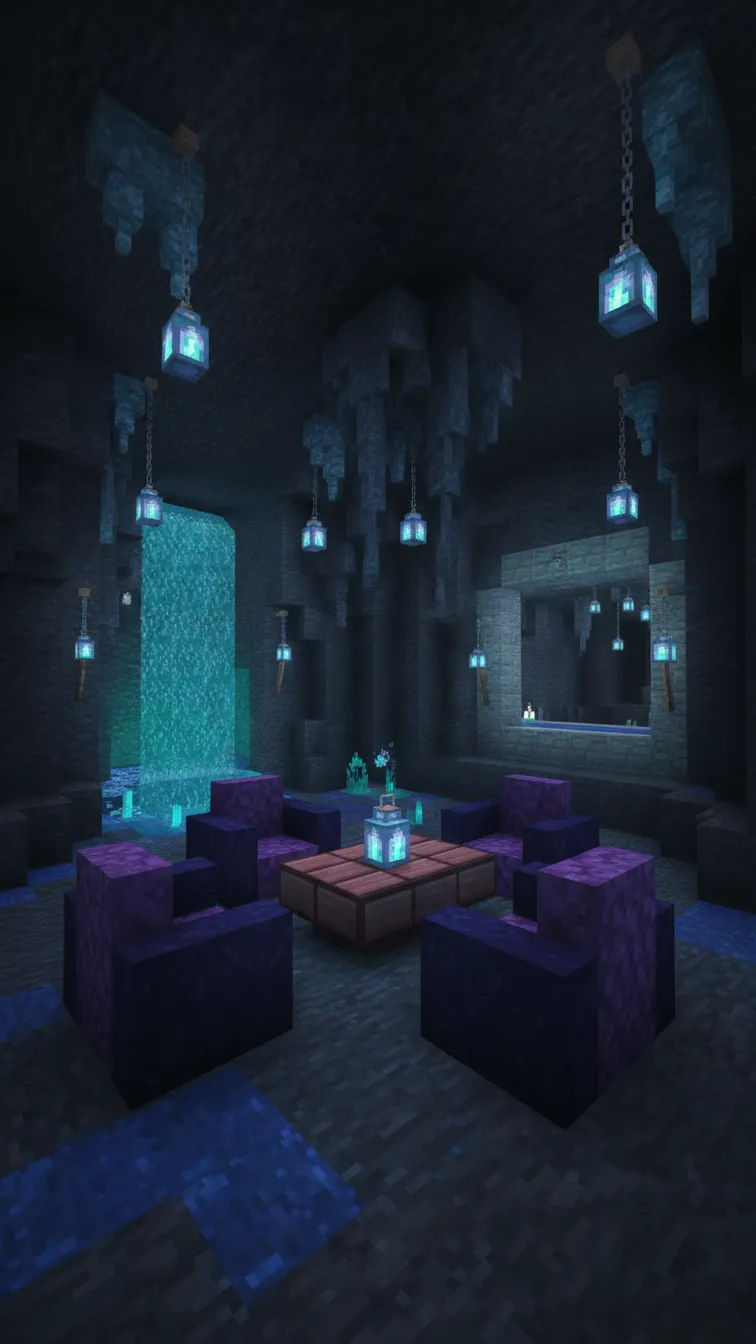 Moody Minecraft lounge carved into deepslate rock with soul lantern lighting, hanging dripstone, and a basalt block coffee table.