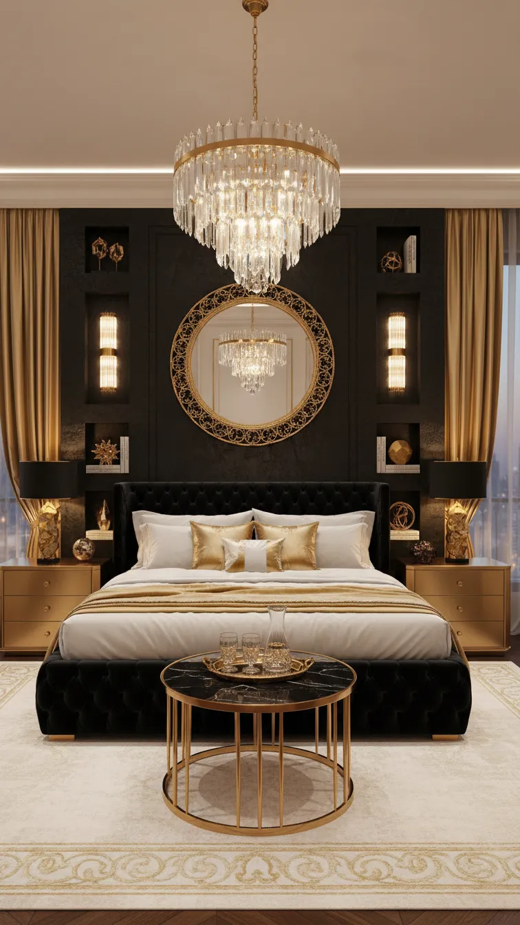 Glamorous bedroom with a black accent wall, gold light fixtures, a gold-framed mirror, and rich gold decor details.