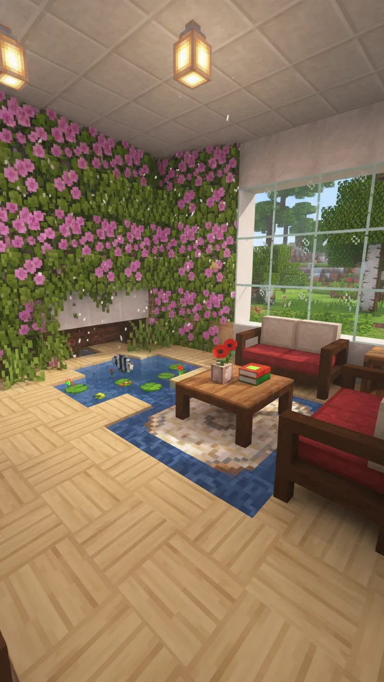Minecraft living room with a wall of flowering azalea leaves, a small indoor pond, and birch wood plank flooring.