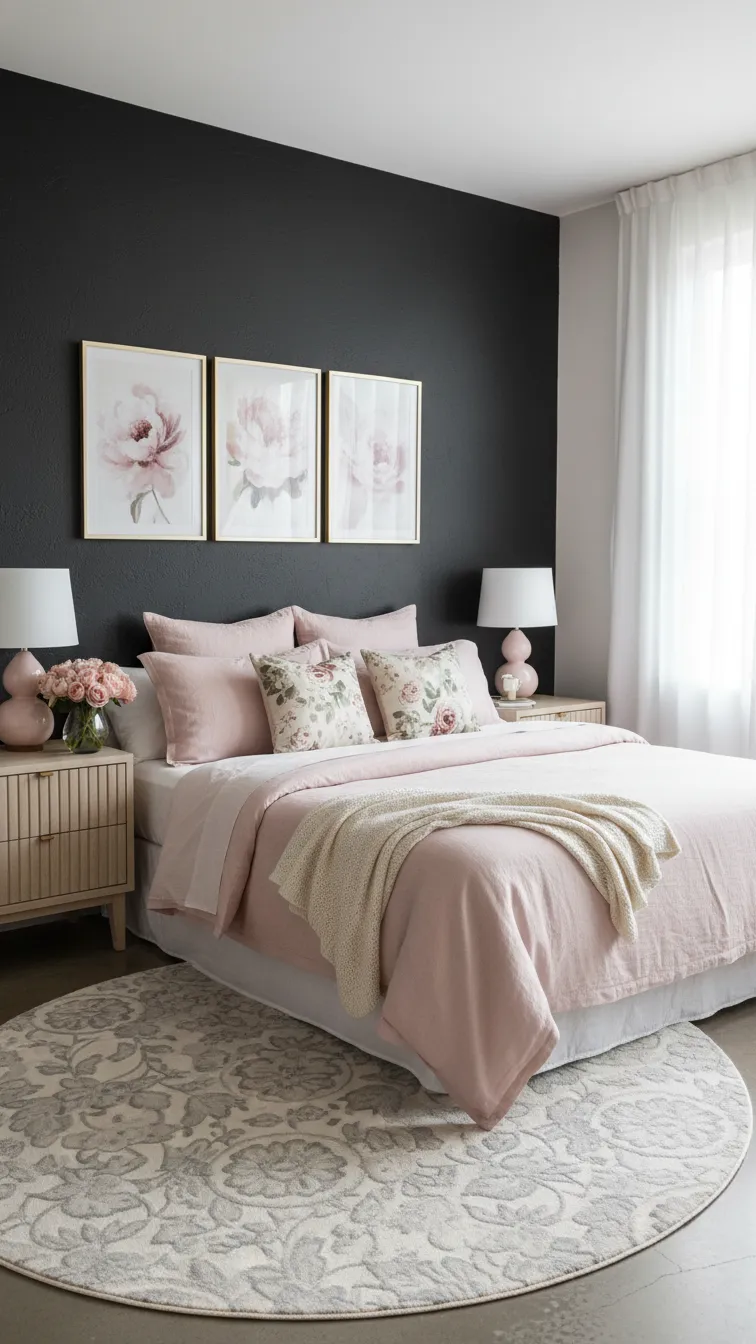Romantic bedroom with a black accent wall, blush pink bedding, soft throw pillows, and delicate floral artwork.