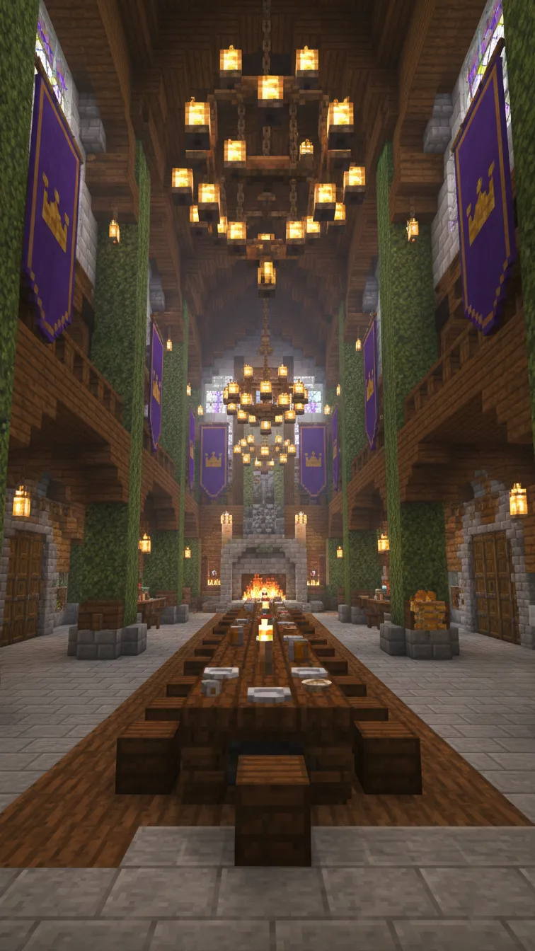 Grand Minecraft great hall with a tall ceiling, spruce wood pillars, hanging iron chandeliers, and large purple banners.