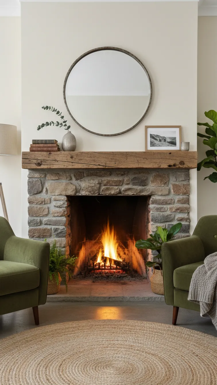 Small living room featuring a fireplace with a chunky reclaimed wood mantel styled with simple decorative objects.