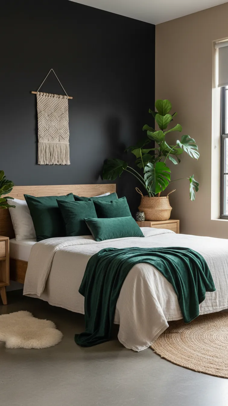 Earthy chic bedroom with a black accent wall, emerald green velvet pillows, matching throw, and lush indoor plants.