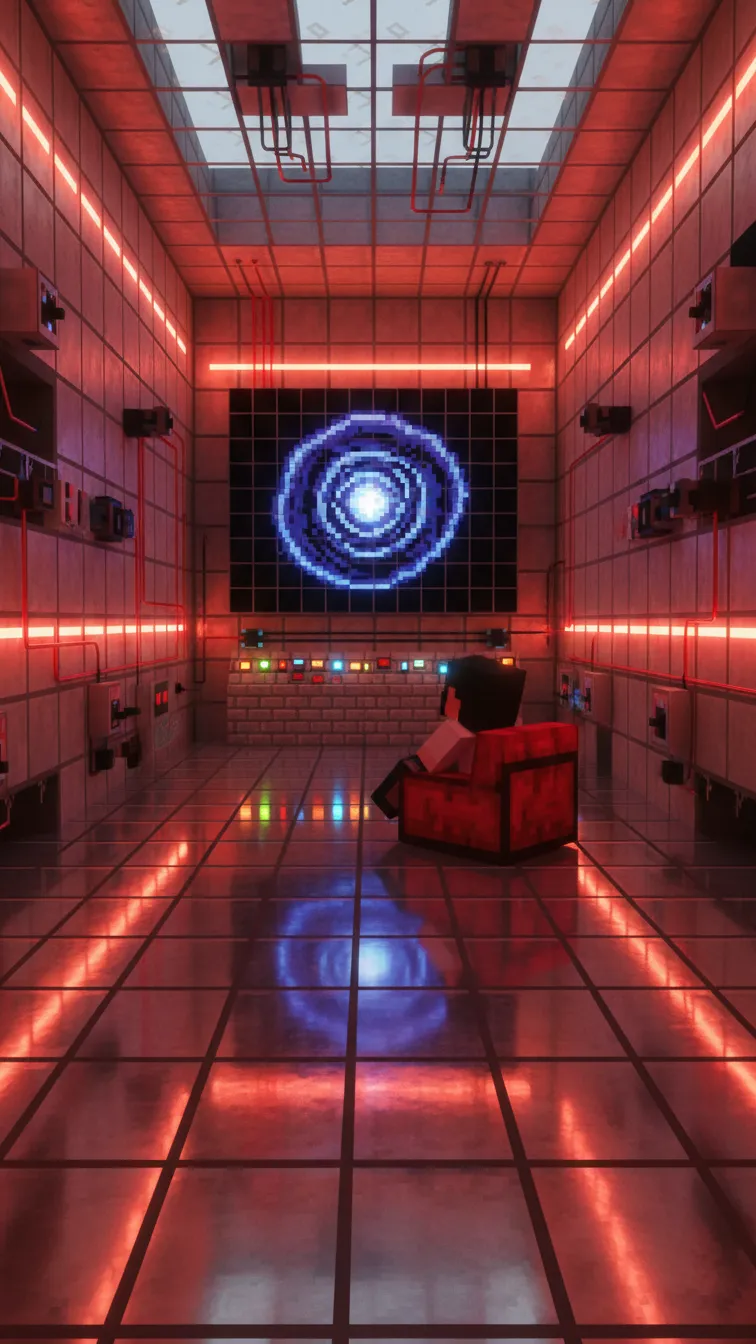 Futuristic Minecraft room with glowing redstone lamps, an iron block floor, and a large black concrete TV-style wall.