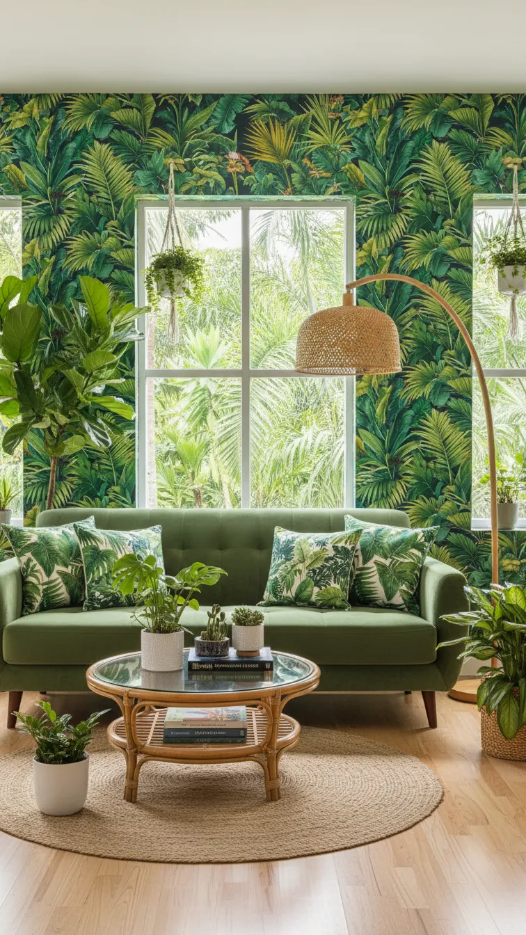 Vibrant living room featuring a bright green sofa, palm leaf wallpaper, and a natural rattan coffee table.