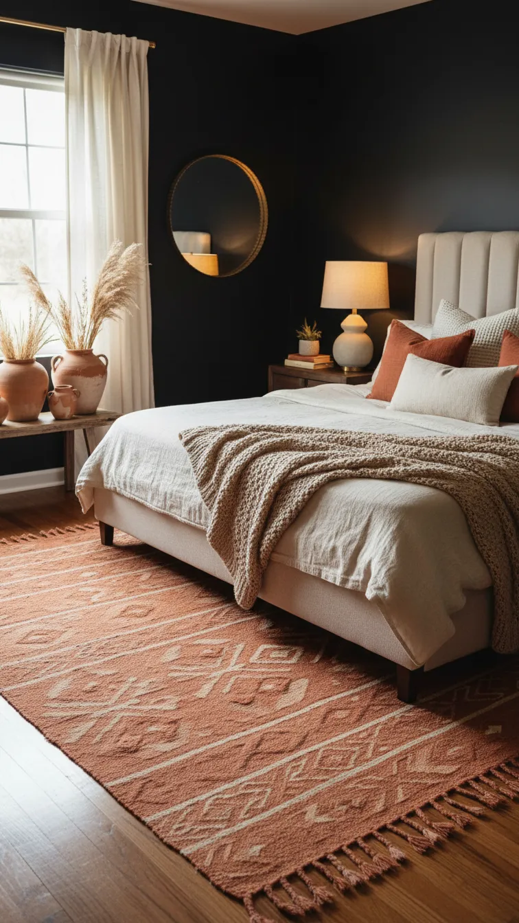 Cozy bedroom with a black accent wall, terracotta pillows, a terracotta rug, and ceramic decor for warm tones.