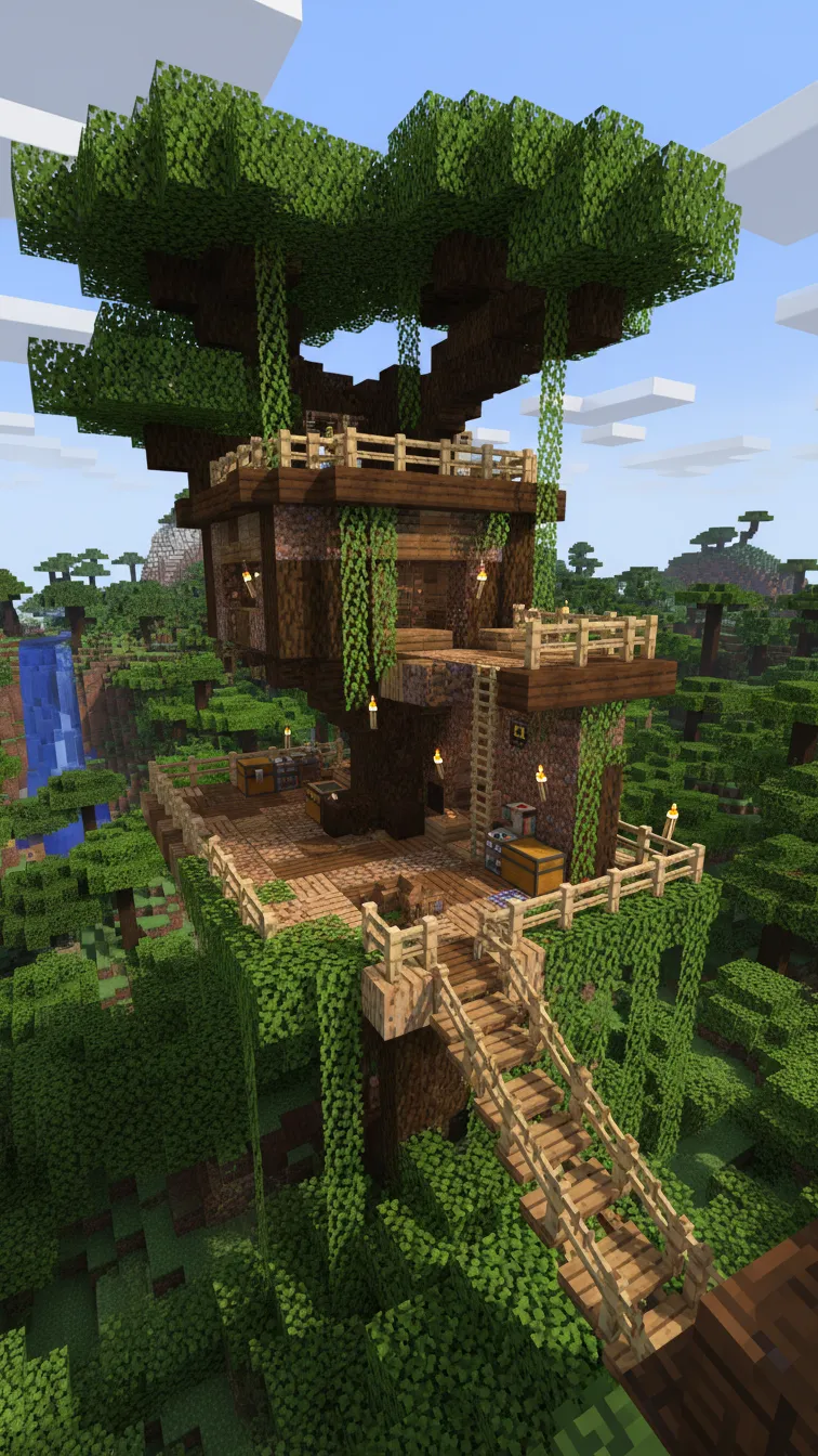 Rustic Minecraft treehouse living space with vine-covered walls, bamboo railings, and views over the jungle canopy.