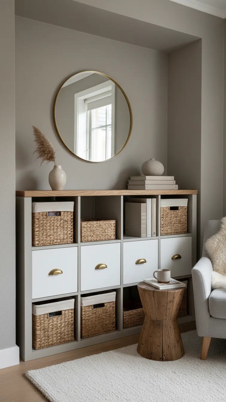 Living room alcove featuring a customized IKEA Kallax unit with a wooden top, woven baskets, and decor blended into the wall.