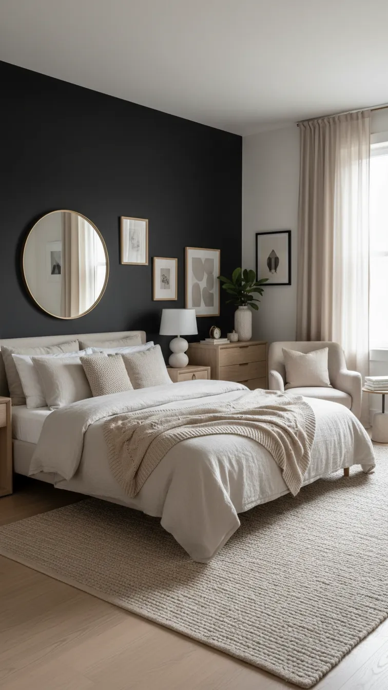 Soft neutral bedroom with a black accent wall, beige bedding, a large beige rug, and light-colored furniture.
