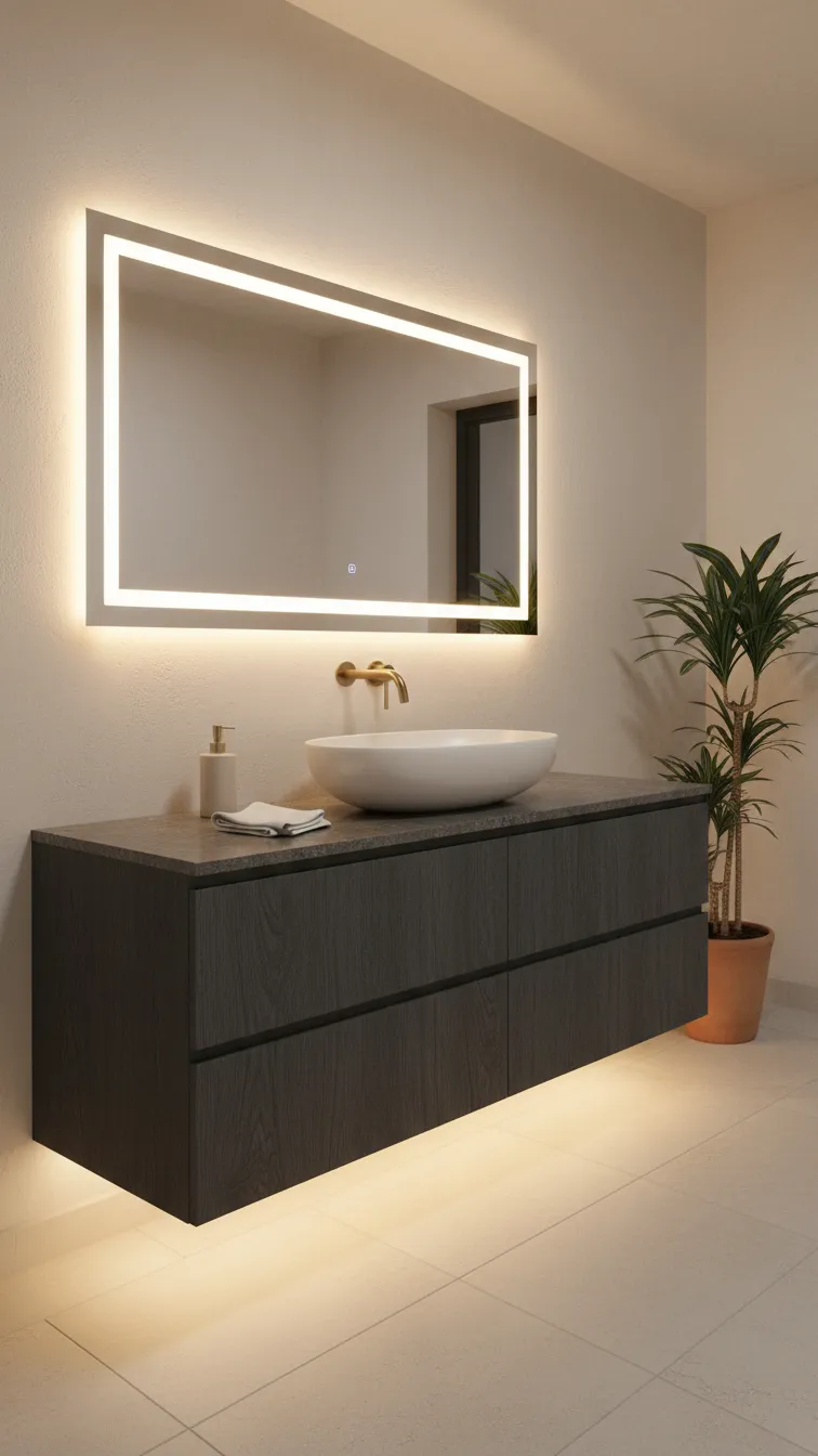 Hallway wash basin with LED backlit smart mirror, sleek countertop basin, contemporary luxury interior