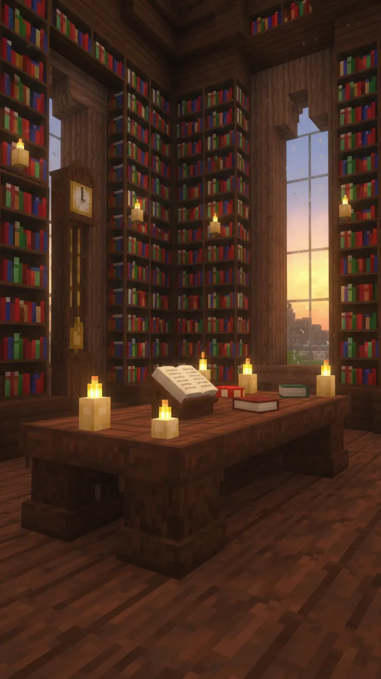 Minecraft library with walls of bookshelves, a lectern holding a book, candle lighting, and a dark oak desk.